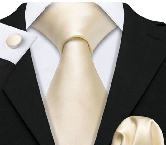 Cravate de luxe de couleur beige, crème, ivoire, motif uni, en soie pour homme, boutons de manchettes et pochette carrée assortis, coordonnés et offerts
