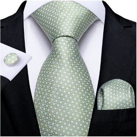 Cravate de luxe de couleur vert pastel, motif design de créateur, en soie pour homme, boutons de manchettes et pochette carrée assortis, coordonnés et offerts