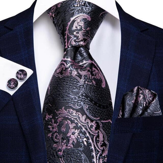 Cravate de luxe de couleur gris et rose, motif cachemire en soie pour homme, boutons de manchettes et pochette carrée assortis, coordonnés et offerts