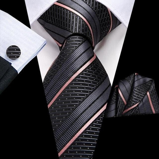 Cravate de luxe de couleur gris et rose, motif rayé, rayures, en soie pour homme, boutons de manchettes et pochette carrée assortis, coordonnés et offerts