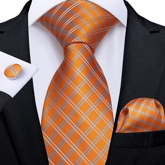Cravate de luxe de couleur orange motif rayures, rayée, en soie pour homme, boutons de manchettes et pochette carrée assortis, coordonnés et offerts