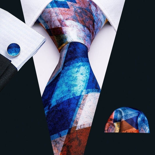 Cravate de luxe de couleur bleu, marron, orange, blanc, motif design, style tendance, en soie pour homme, boutons de manchettes et pochette carrée assortis, coordonnés et offerts