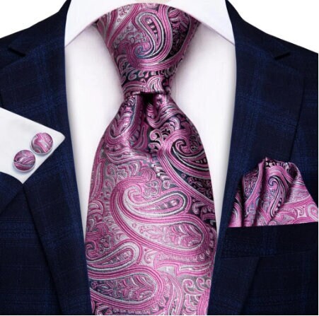 Cravate de luxe de couleur fuchsia, violet, motif cachemire, style tendance, en soie pour homme, boutons de manchettes et pochette carrée assortis, coordonnés et offerts
