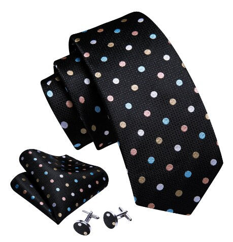Cravate de luxe de couleur noire motif à pois multicolore, en soie pour homme, boutons de manchettes et pochette carrée assortis, coordonnés et offerts