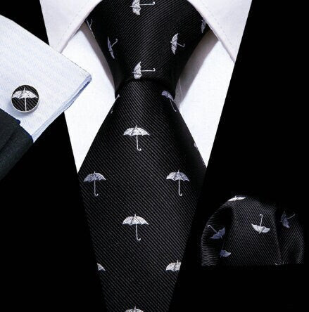 Cravate de luxe de couleur noire motif parapluie blanc, météo, en soie pour homme, boutons de manchettes et pochette carrée assortis, coordonnés et offerts
