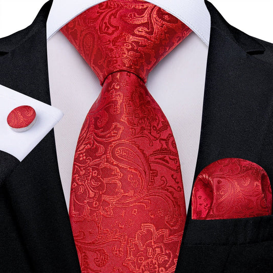 Cravate de luxe de couleur rouge vif, motif cachemire, en soie pour homme, boutons de manchettes et pochette carrée assortis, coordonnés et offerts