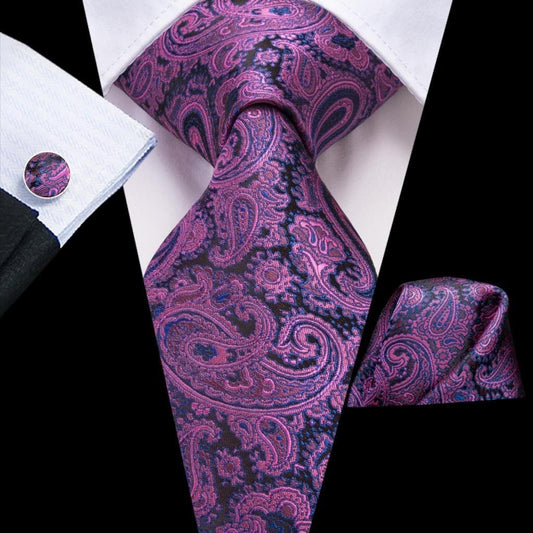 Cravate de luxe de couleur fuchsia, motif cachemire, motif en soie pour homme, boutons de manchettes et pochette carrée assortis, coordonnés et offerts