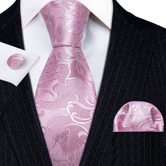 Cravate de luxe de couleur rose, motif floral, fleuri, en soie pour homme, boutons de manchettes et pochette carrée assortis, coordonnés et offerts