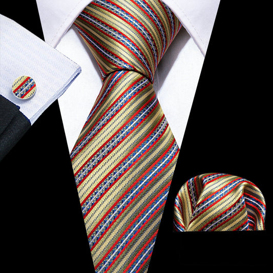 Cravate de luxe de couleur vert olive, rouge et bleu, motif rayures, rayée, en soie pour homme, boutons de manchettes et pochette carrée assortis, coordonnés et offerts