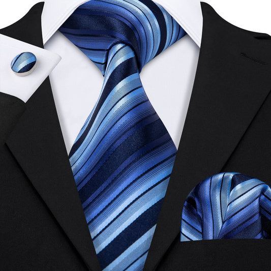 Cravate de luxe de couleur bleu et dégradé de bleu, motif rayures, rayée, style moderne, en soie pour homme, boutons de manchettes et pochette carrée assortis, coordonnés et offerts