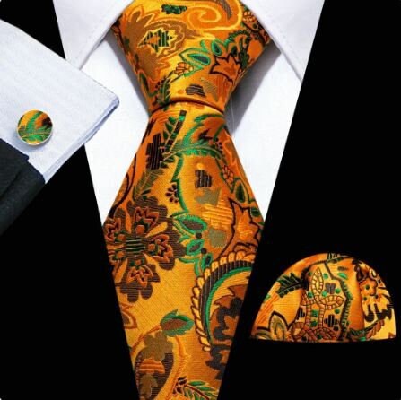 Cravate de luxe de couleur orange, motif floral, fleuri, à fleurs, style vintage, en soie pour homme, boutons de manchettes et pochette carrée assortis, coordonnés et offerts