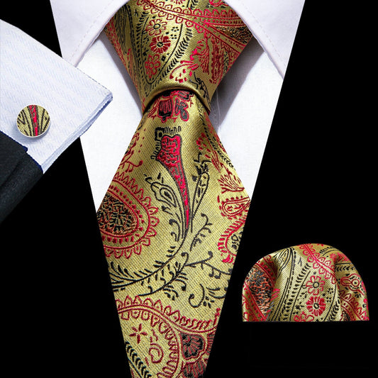 Cravate de luxe de couleur vert kaki et rouge, motif cachemire, en soie pour homme, boutons de manchettes et pochette carrée assortis, coordonnés et offerts