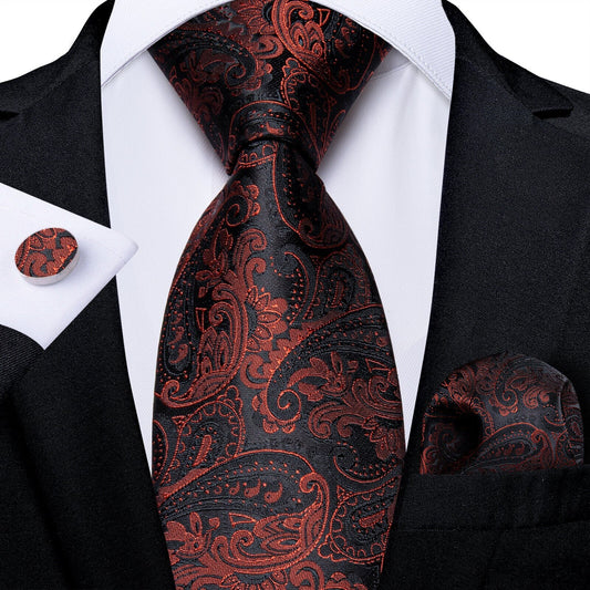 Cravate de luxe de couleur marron, rouille, motif cachemire, style classique, en soie pour homme, boutons de manchettes et pochette carrée assortis, coordonnés et offerts